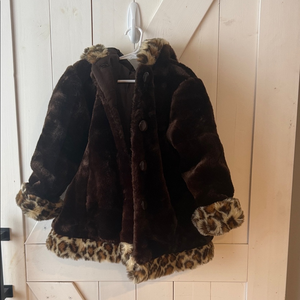 Brown Faux Fur Kids Coat with Leopard Trim